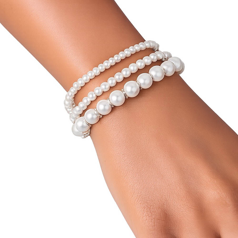 3-Row White Pearl Bracelet w/ Clasp 7”